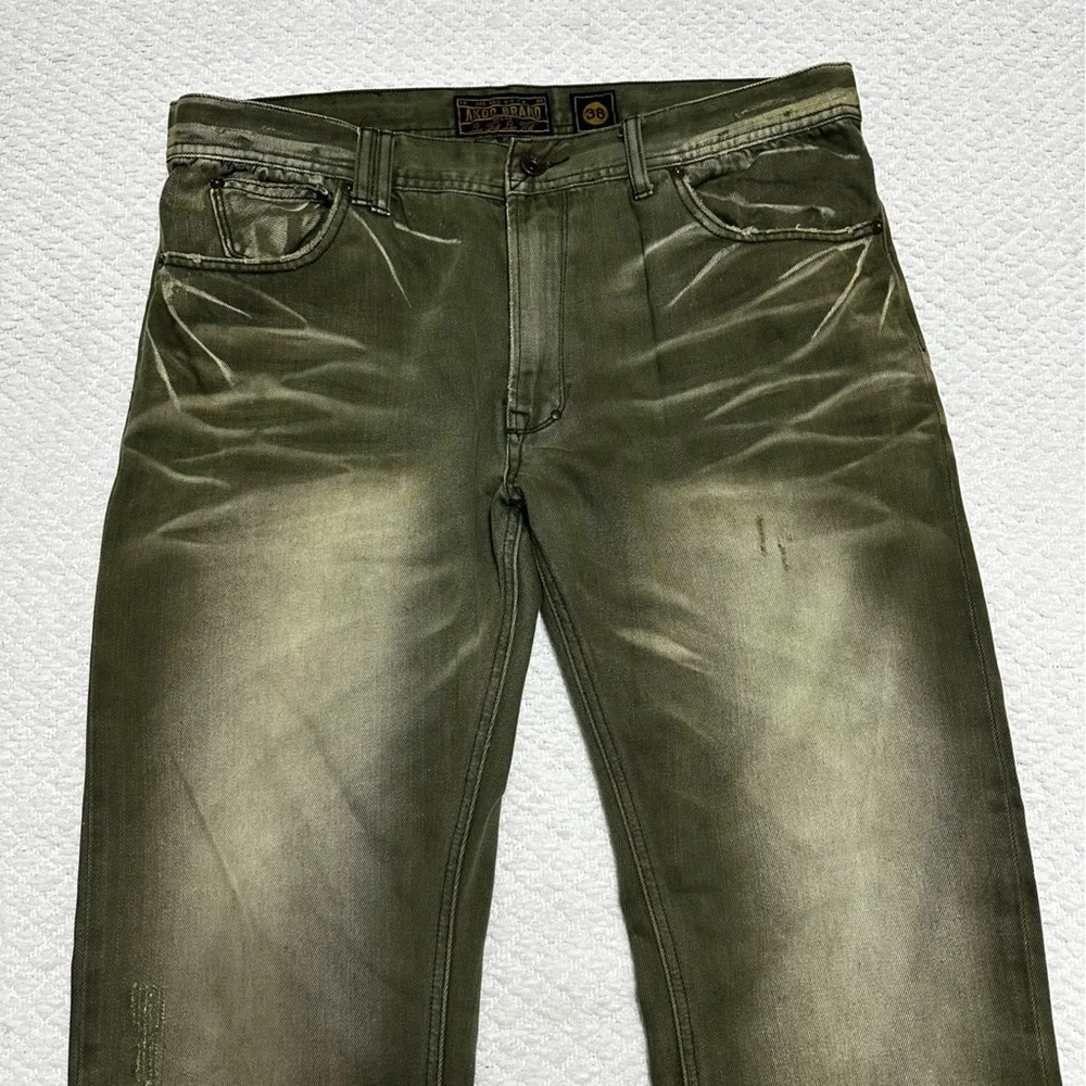 Akoo Jeans No Rivals Moto Green Acid Wash Distressed Men’s Size 38